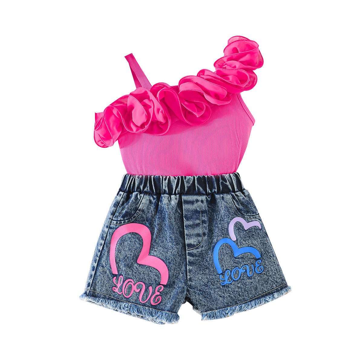 Ruffled Suspender Heart Printing Denim Shorts Children's Suit
