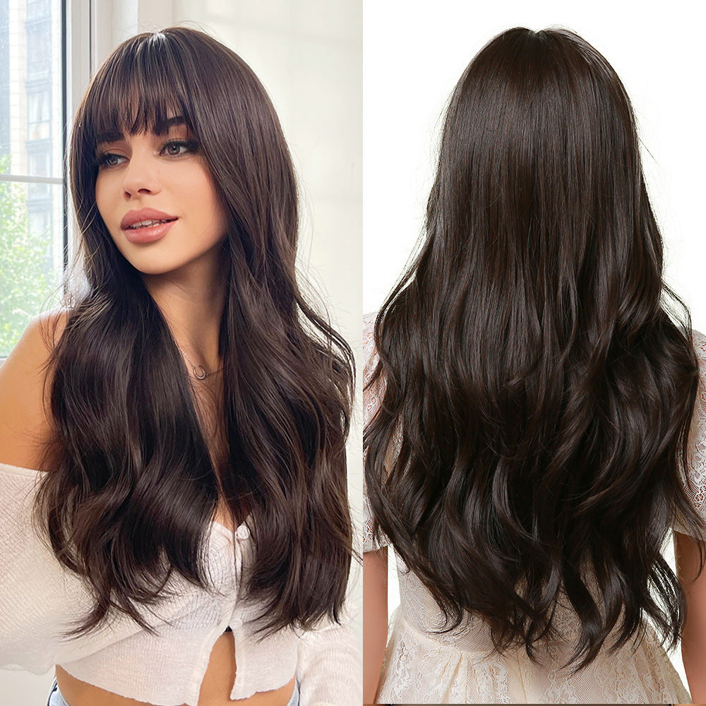 Women's Brown Wigs With Bangs Wave Synthetic Long Straight Wig