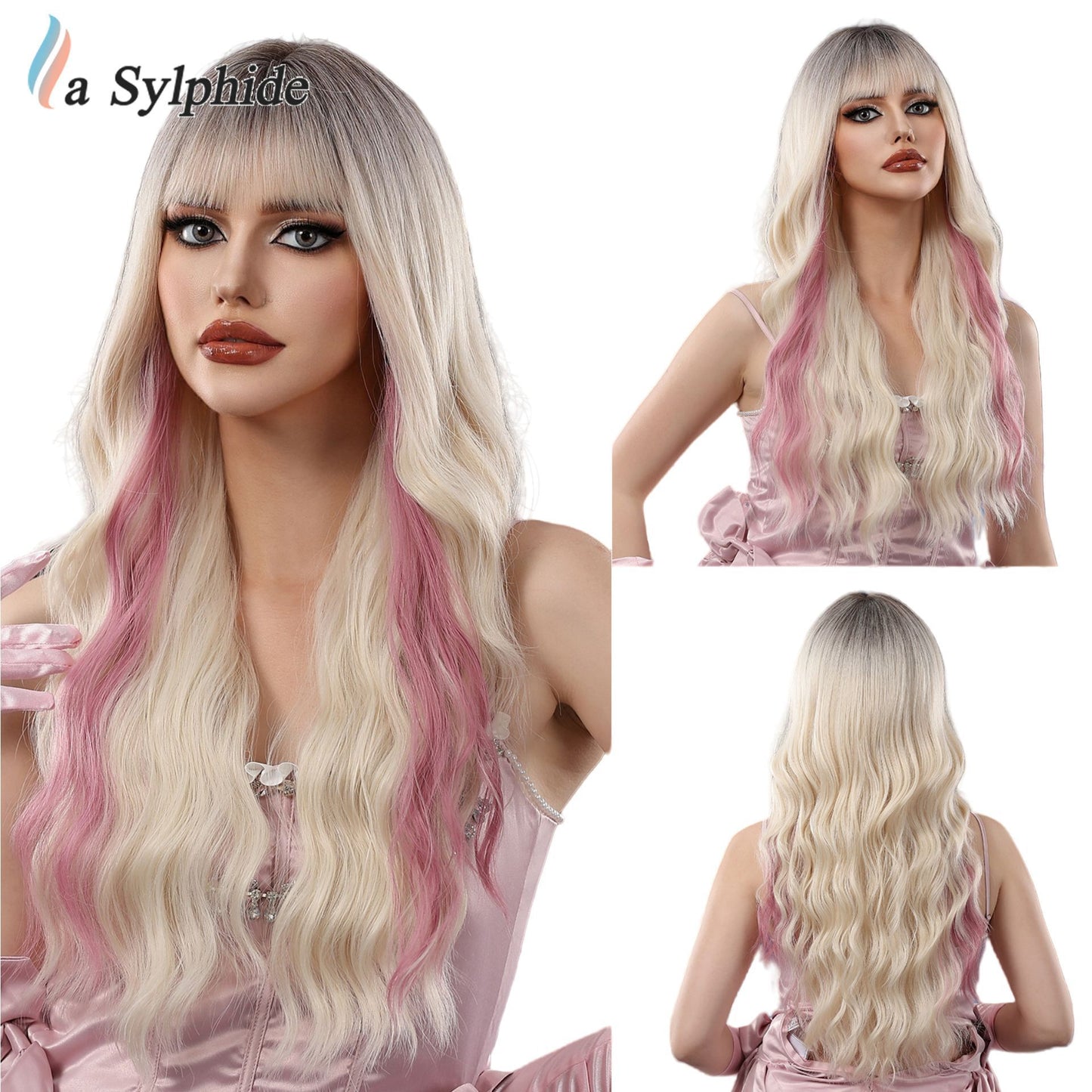 Female Bangs Pink White Gold Color Rose Wig Long Curls