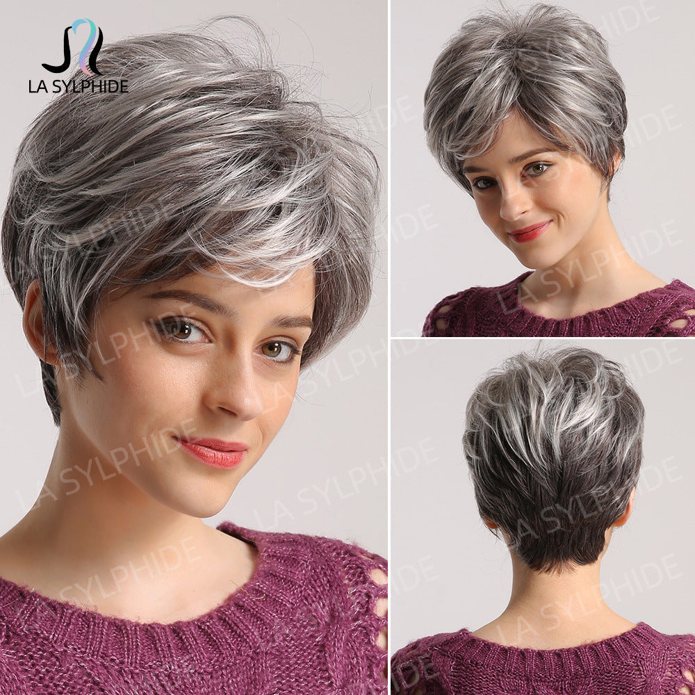 Chemical Fiber Texture Gray White Rose Net Man Wig Short Straight Hair