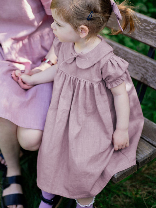 Women's & Children's Linen Doll Collar Comfortable Breathable Back Single-breasted Short Children's Dress