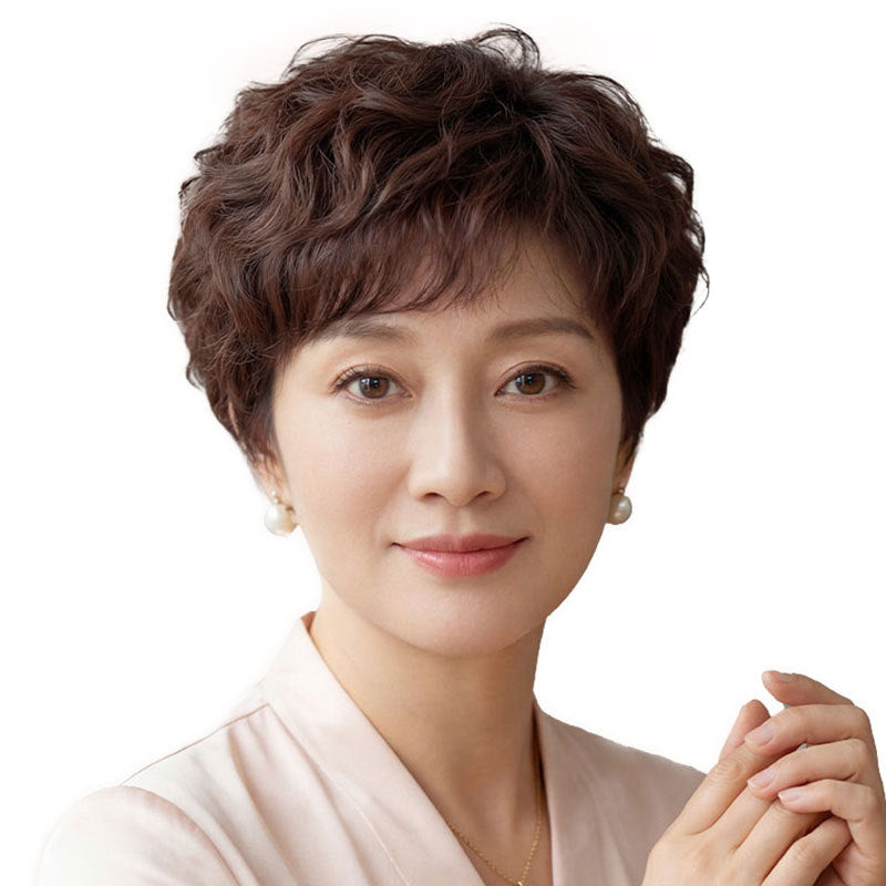 Women's Short Human Natural Breathable Mother's Curly Real Hair Wig