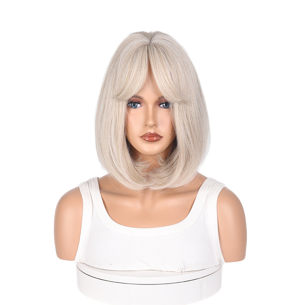 Fashion Women's Gray Golden Straight Bangs Wig Short Curly Hair