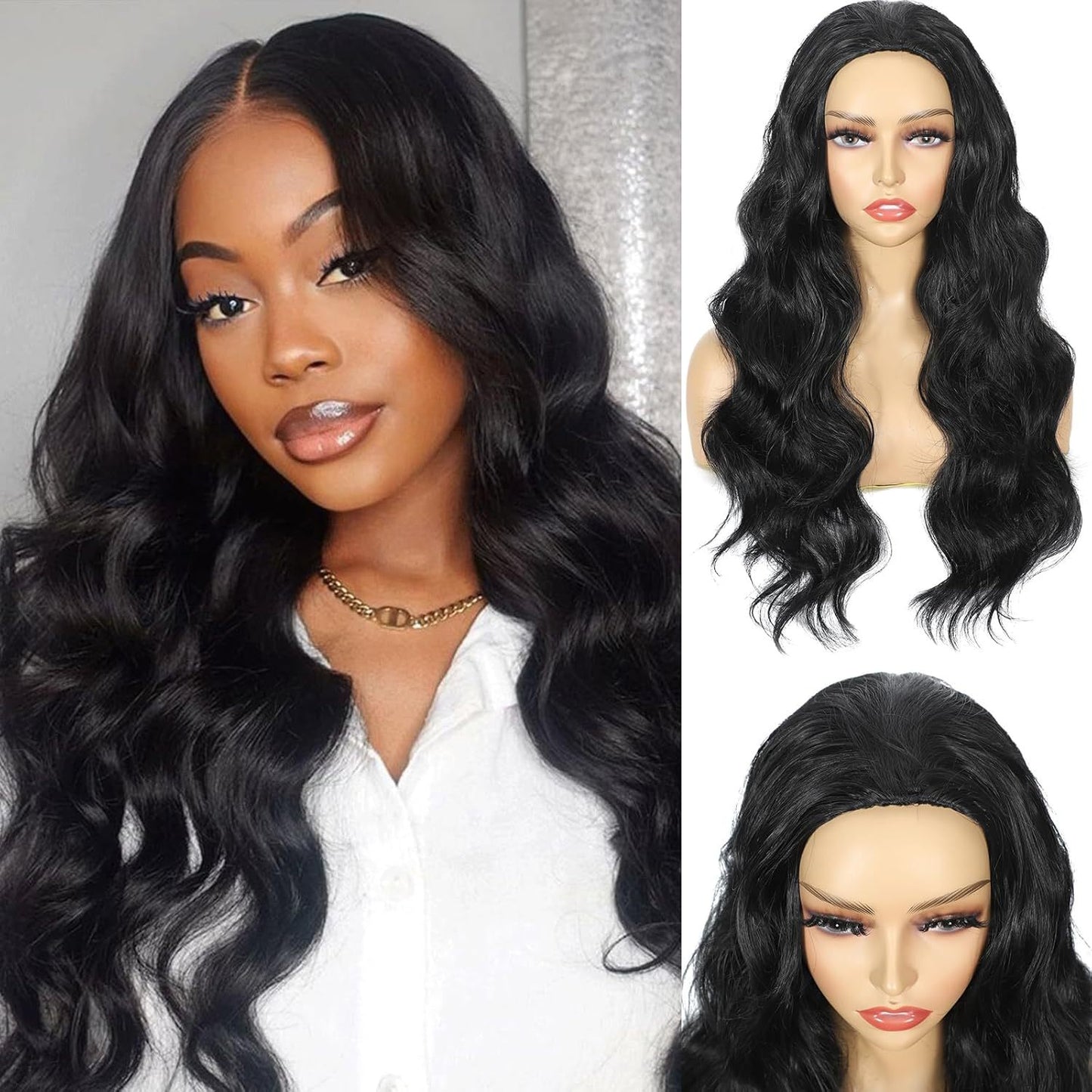 Women's Black Hair Three-in-one Synthetic Wigs Long Straight Wig