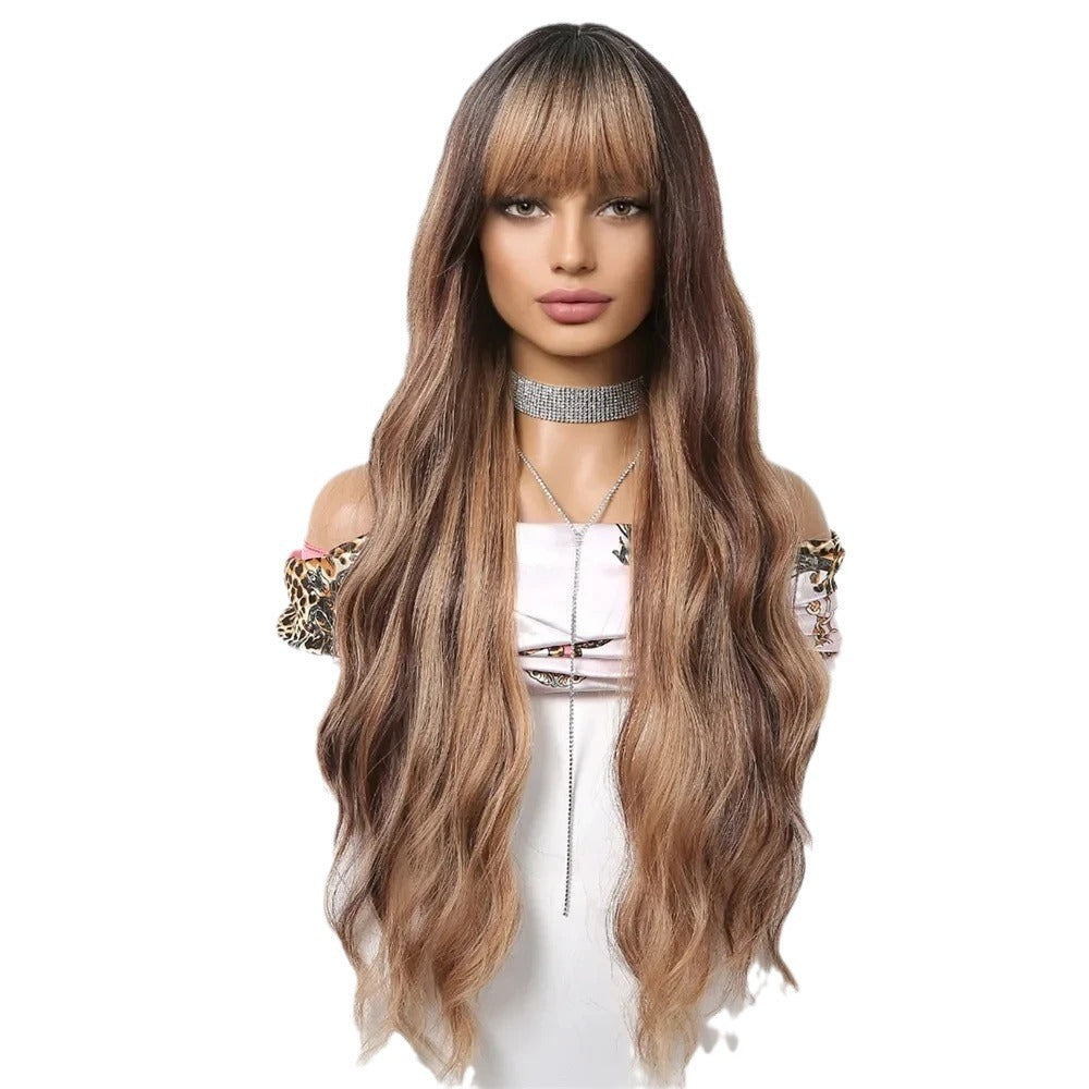 Female Dark Brown Dyed Light Bangs Curly Hair Mechanism Head Wig Long Curls