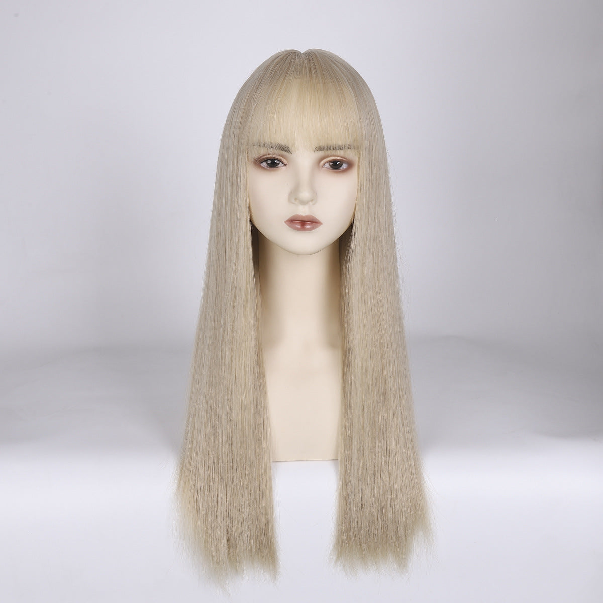 Women's Fashion Team Style White Gold Color Female Full Head Bangs Long Straight Wig