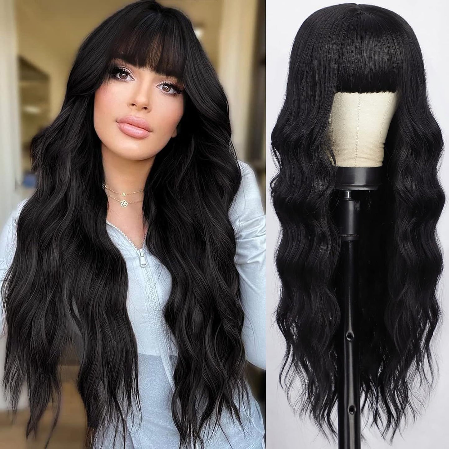 Black Gradient White Straight Bangs Big Wave Curly Hair Wig Long Curls