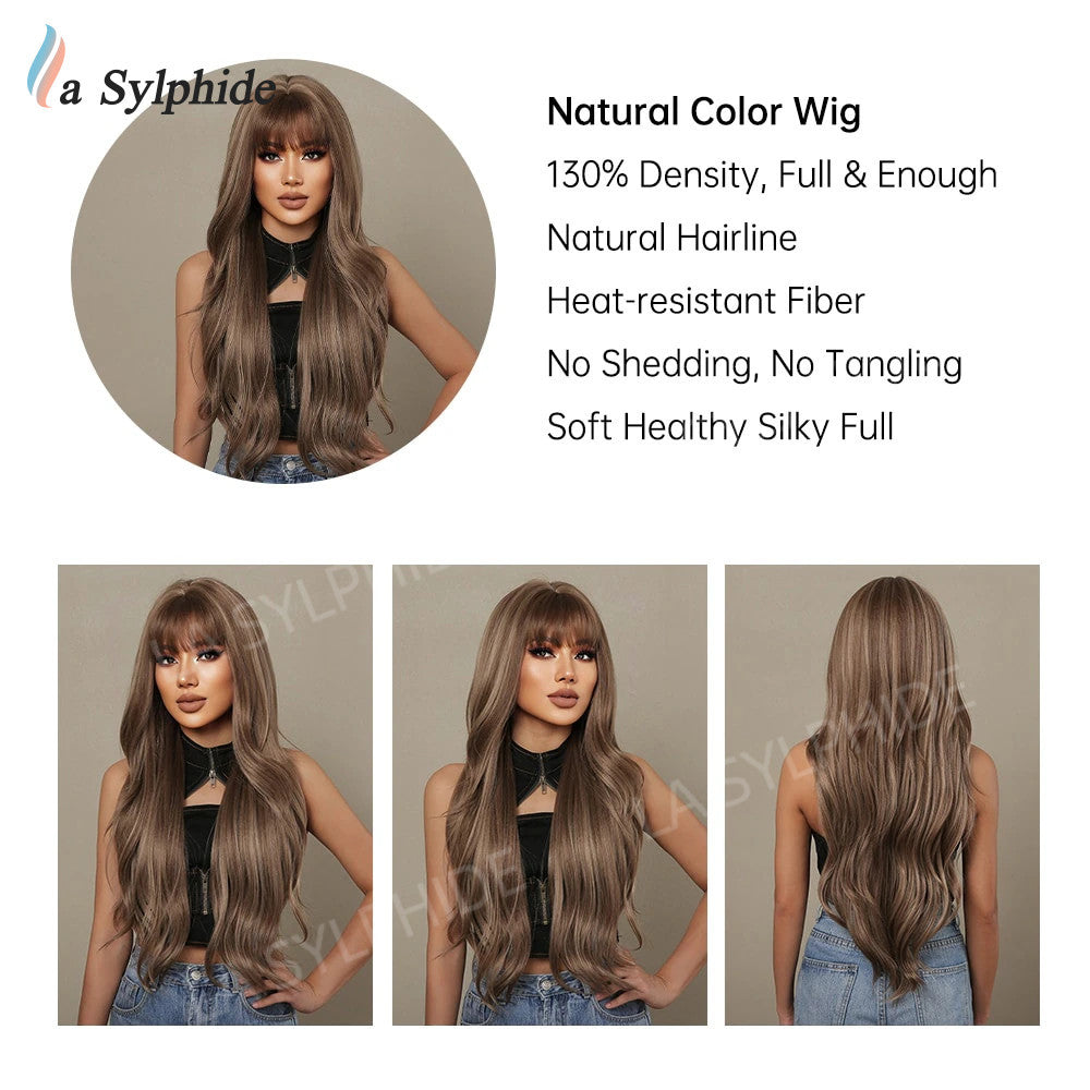 Curly Female Bangs Brown Golden Purple Wig Long Curls