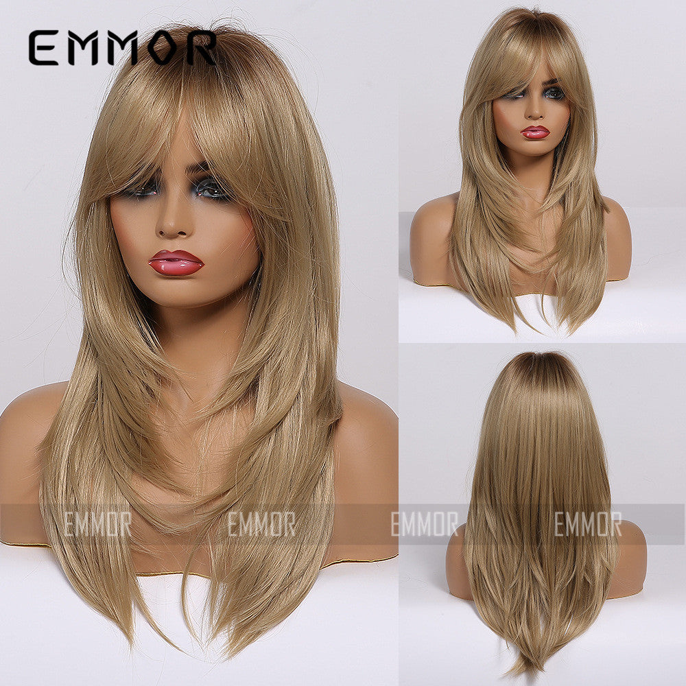 Gradient Gold Black Brown Mid-length Straight Hair Wig Long Curls