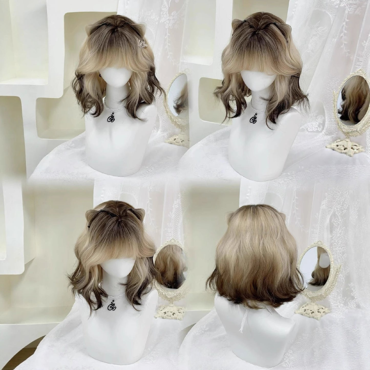 Kitten Highlights Natural Texture Tail Adjustable Female Gradient Wig Short Curly Hair