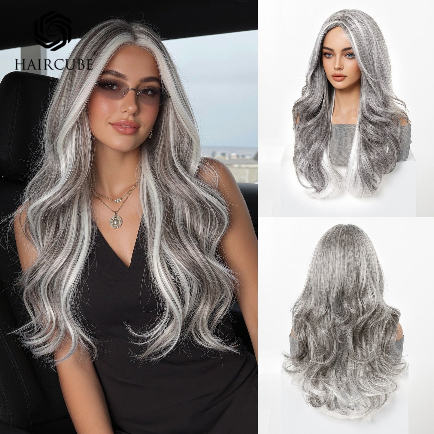 Cover Grandma Gray White Wavy Curly Hair Dress Wig Long Curls