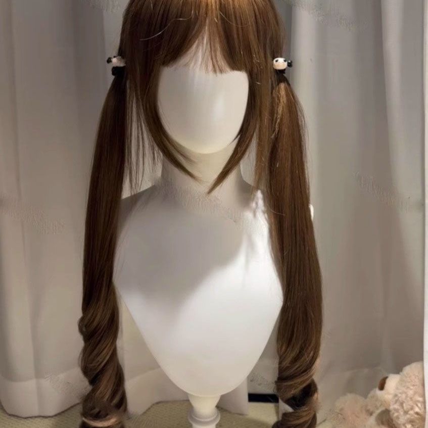 Women's Autumn Double Ponytail Curly Hair With Sideburns Cute Natural Wig Long Curls