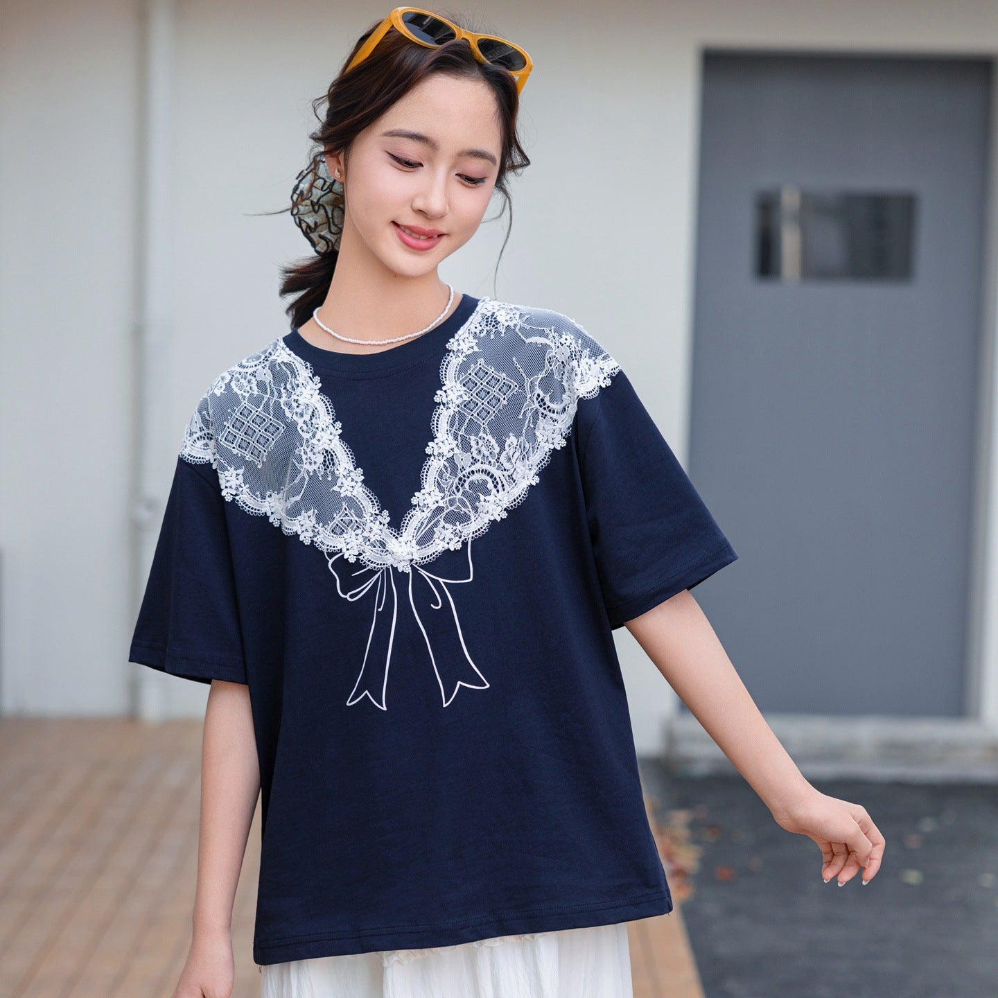 Women's Short Sleeve Large Size Loose Lace Patchwork Easy Matching Half Children's T-shirt
