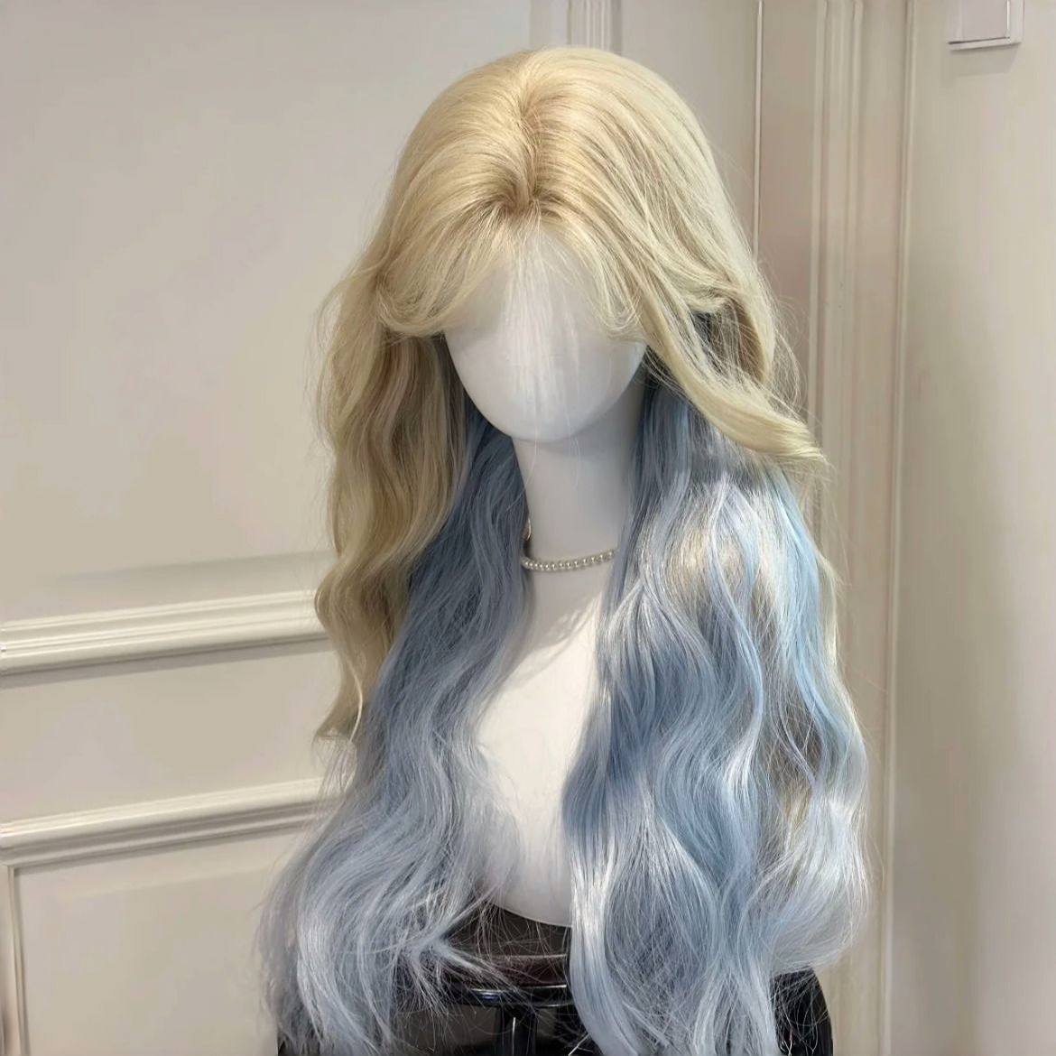 Curly Hair Blue Gradient Goddess Big Wave Style Temperament Full Wig Long Curls