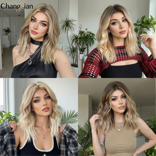 Light Gold Gradient Mid-length Wavy Fashion Lady Natural Wig Short Curly Hair