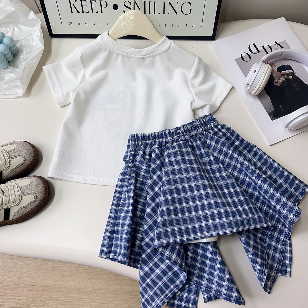 Summer Korean Short-sleeved T-shirt Irregular Plaid Children's Suit