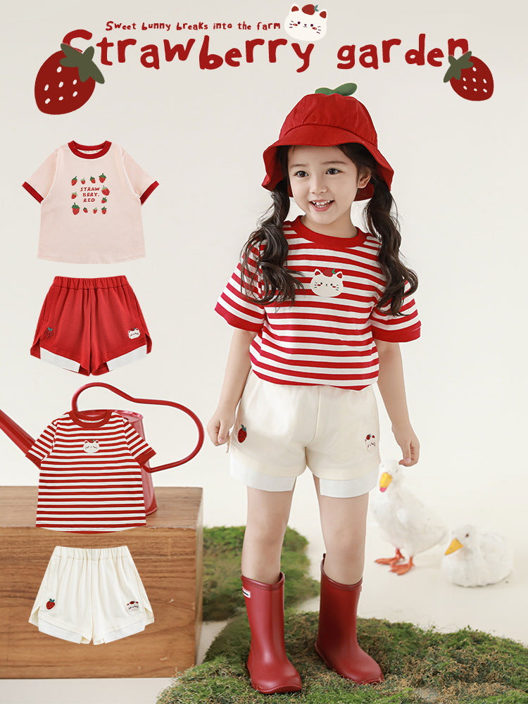 Strawberry Series Summer Cool Loose Short-sleeved Embroidery Shorts Children's T-shirt