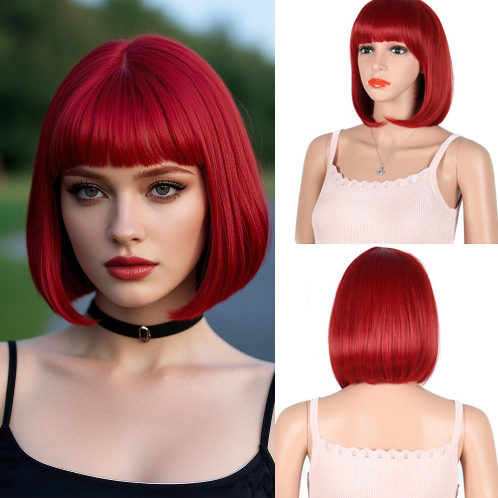 Women's Fashion Long Black Head Cover With Wig Short Straight Hair