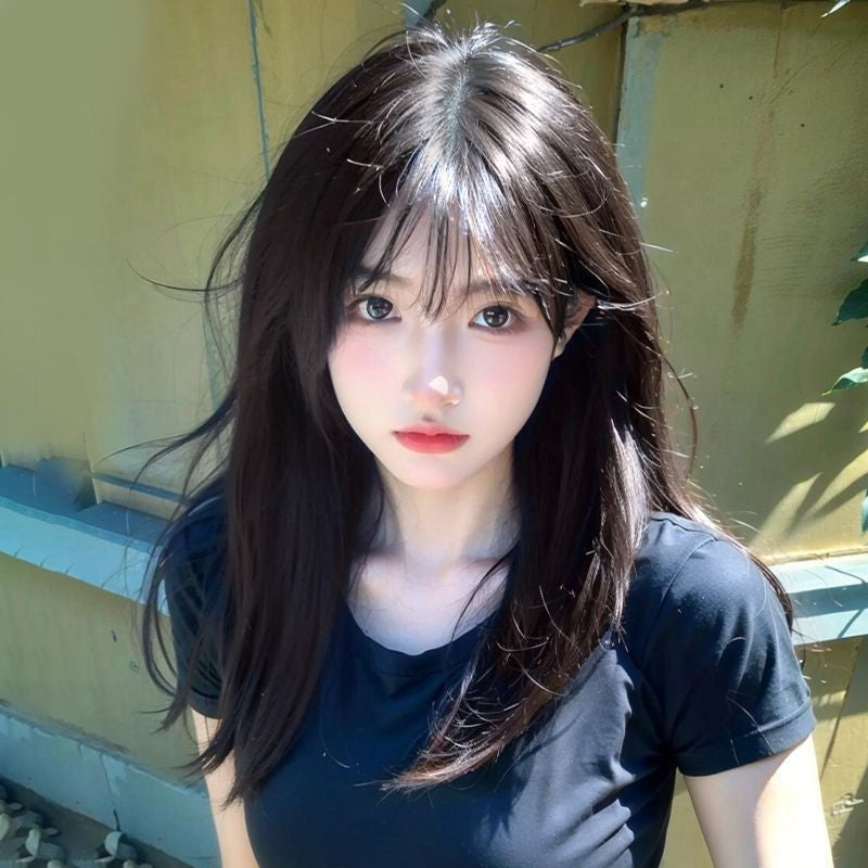 Female Air Bangs Curly Hair Highlights Daily Long Straight Wig