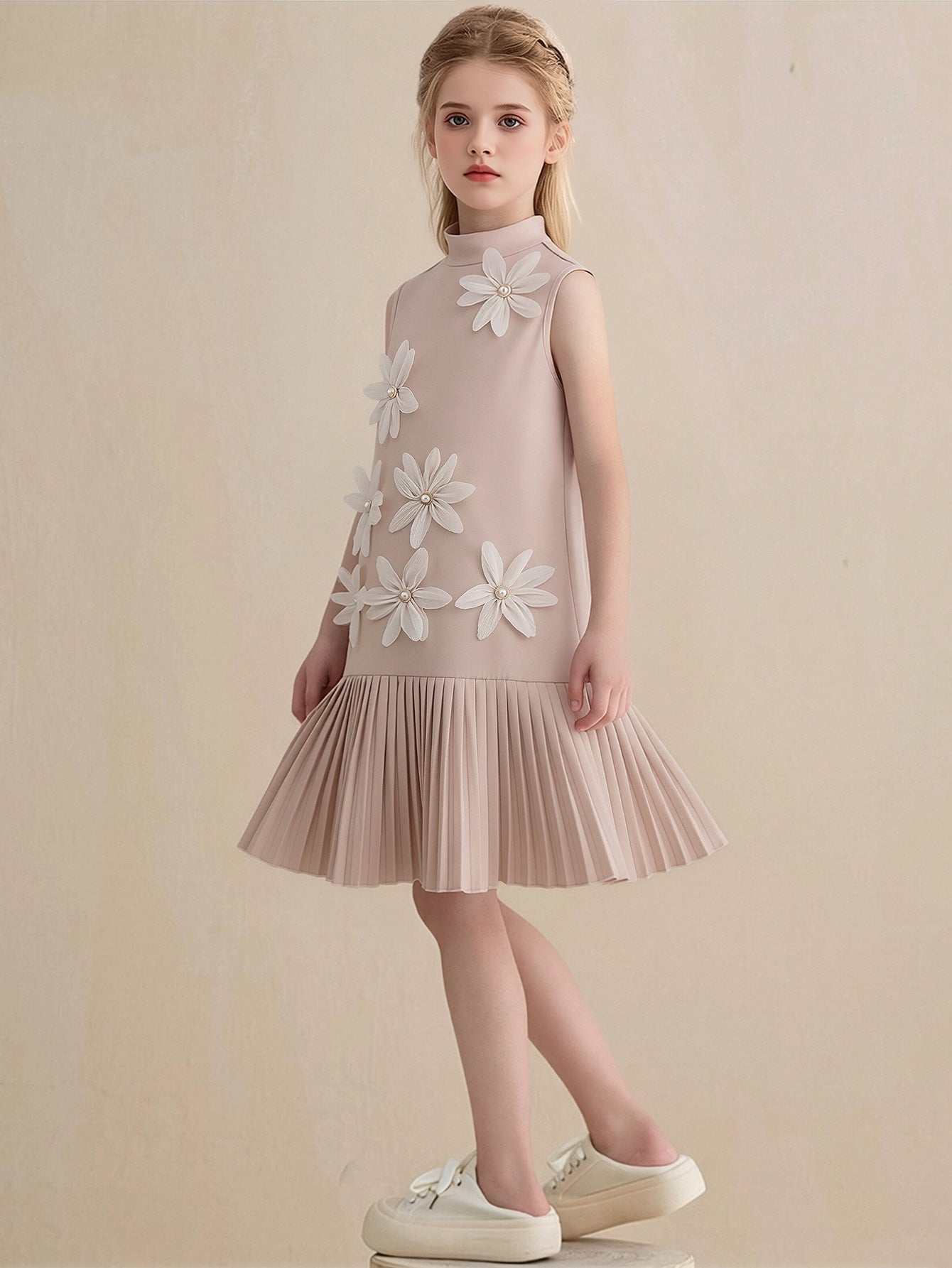 Children's Korean Style Clothing Sleeveless Flower Pleated Skirt Big Children's Dress