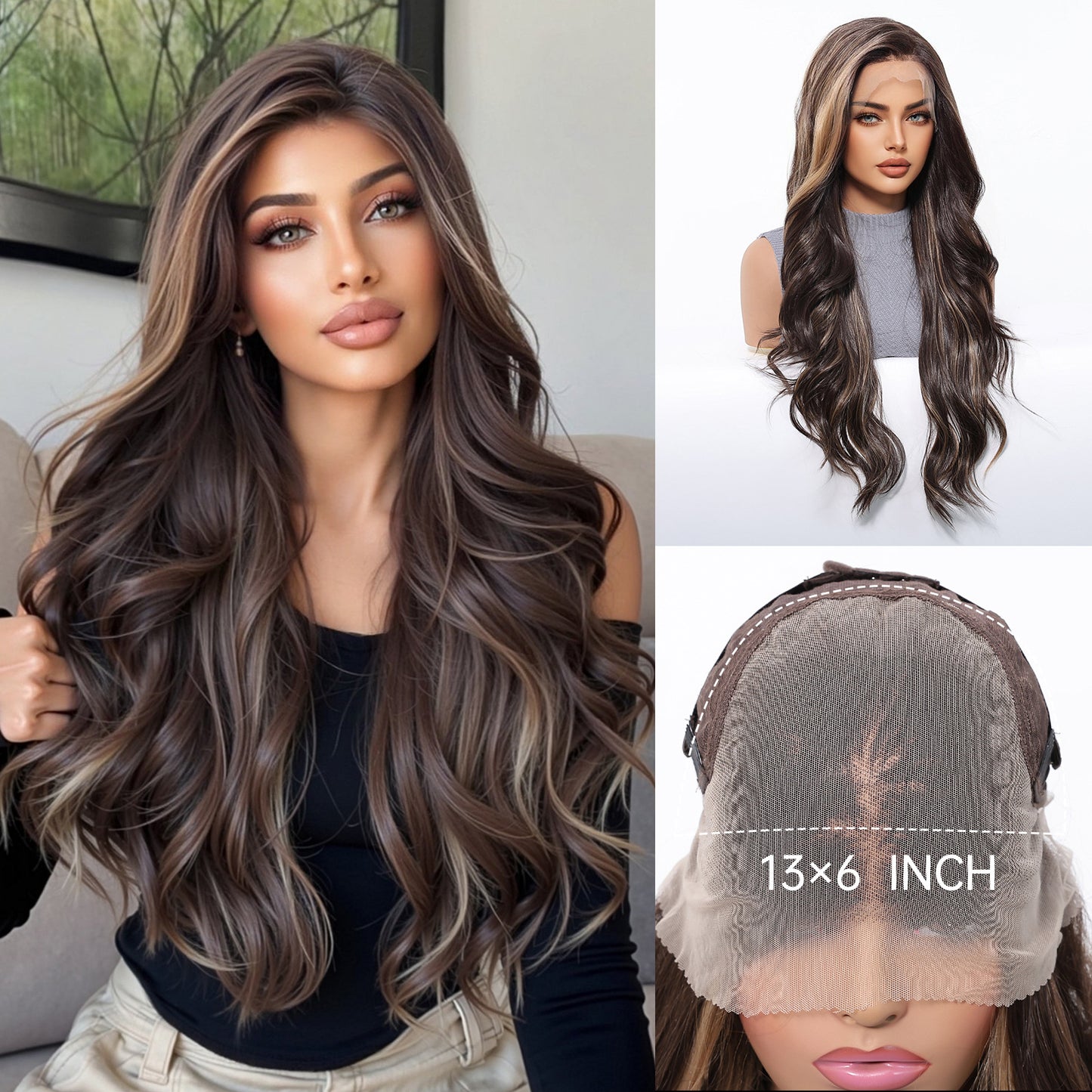Fiber Dark Brown Curly Hair Realistic Breathable Wig Long Curls