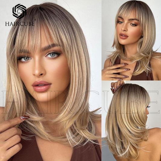 Female Hair Head Gradient Color Golden Bangs Cover Long Straight Wig