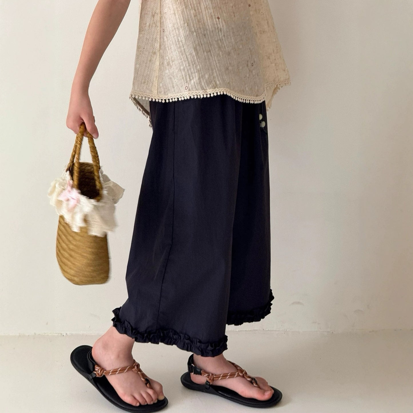 Children's Summer Solid Color Medium Big Korean Lace Children's Pants