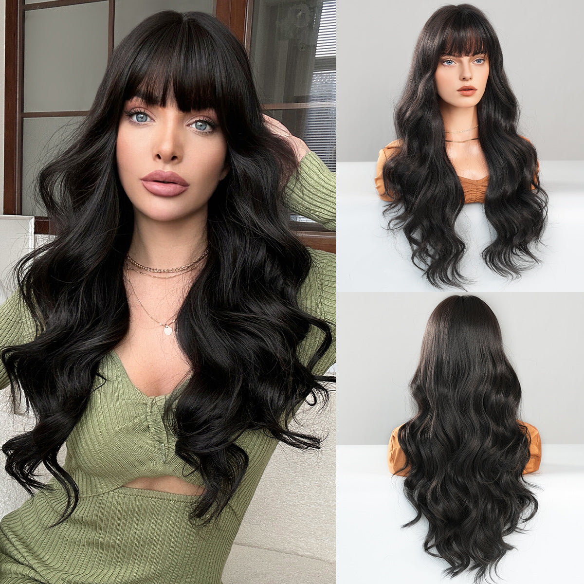 Female Natural Black Curly Hair Big Wave Straight Bangs Wig Long Curls