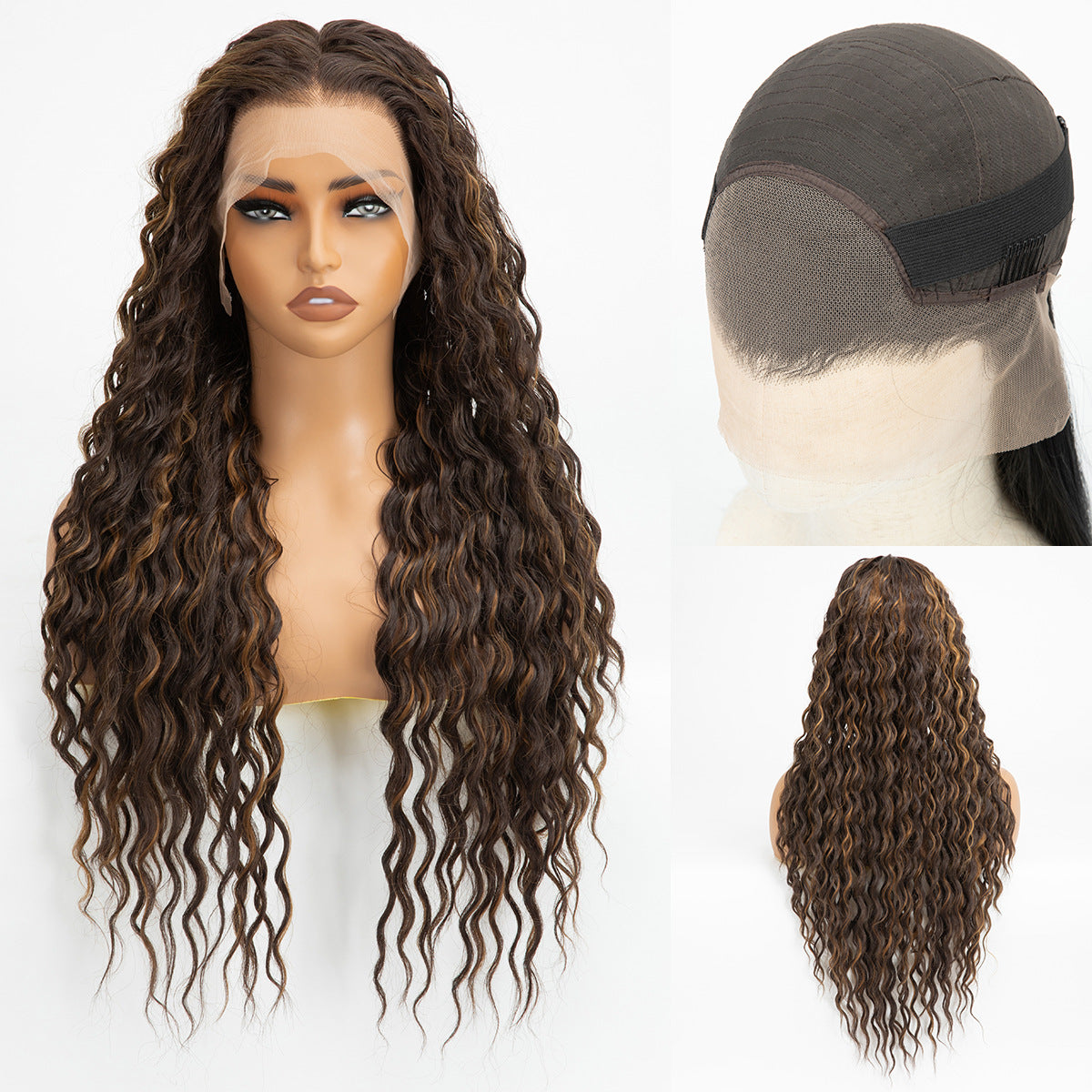 Lace Head Cover Black Hand-woven Curly Long Straight Wig