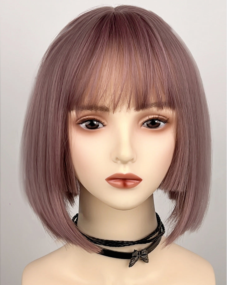 Female Head Round Face Gradient Pink Style Natural Simulation Age Wig Short Straight Hair
