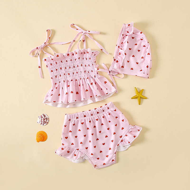 Korean Style Heart Printing Swimsuit Three-piece Born Bikini Strap Children's Suit