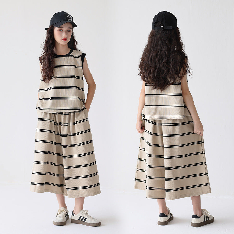 Women's & Children's Trendy Sleeveless Striped Oversized Culottes Older Leisure Children's Suit