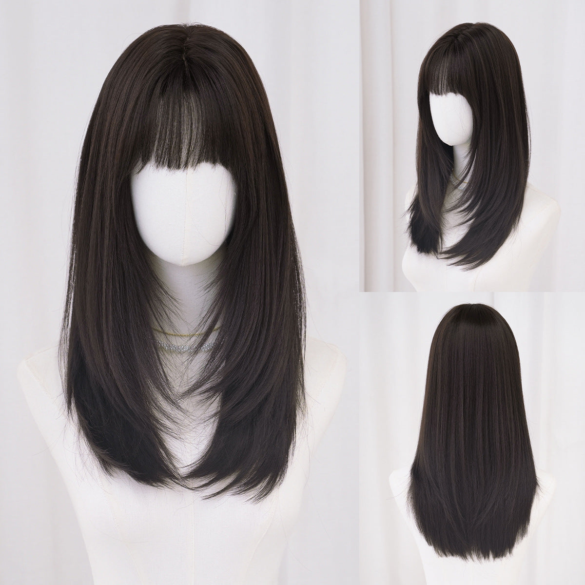 Female Mid-length Long Chest Dark Brown Layers Air Wig Short Straight Hair