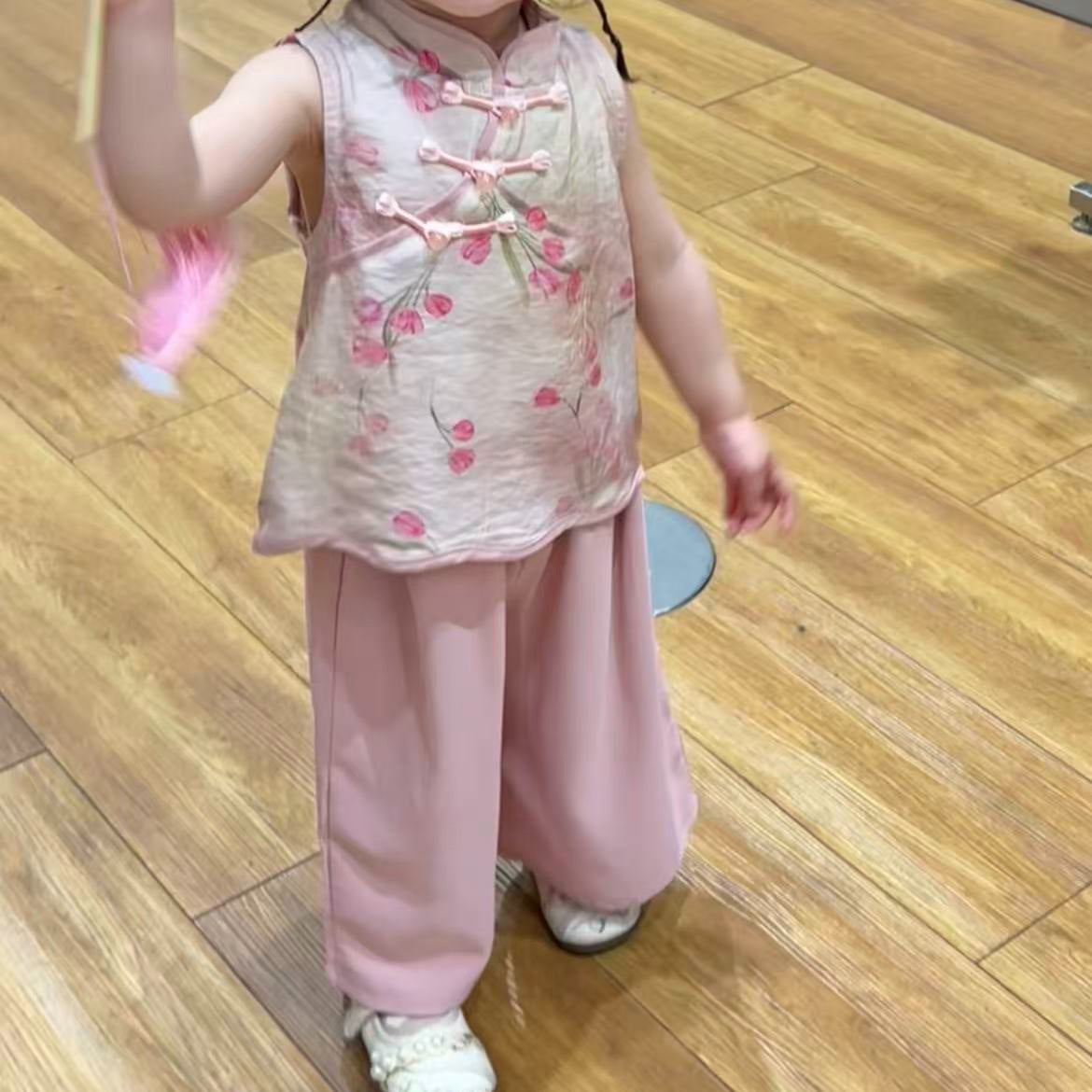 Drunk Peach Blossom Chinese Style National Pink Jacquard Cheongsam Pants Children's Suit