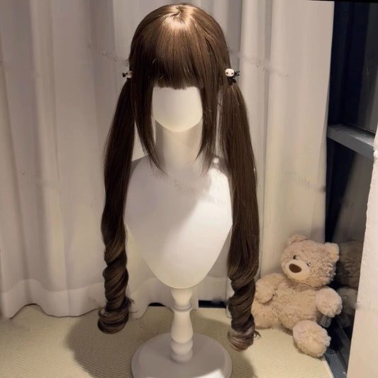 Women's Autumn Double Ponytail Curly Hair With Sideburns Cute Natural Wig Long Curls