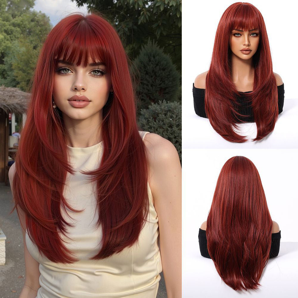Brown Gradient Bangs Top Dyed Layered Wig Long Curls