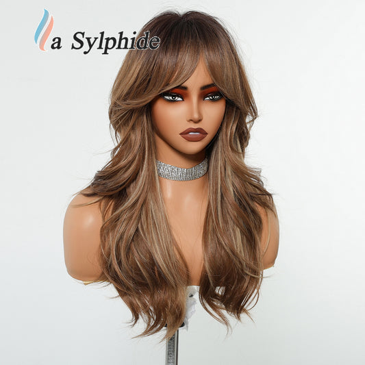 Live Broadcast Brown Golden Gradient Rose Net Mechanism Bangs Fashion Wig Long Curls