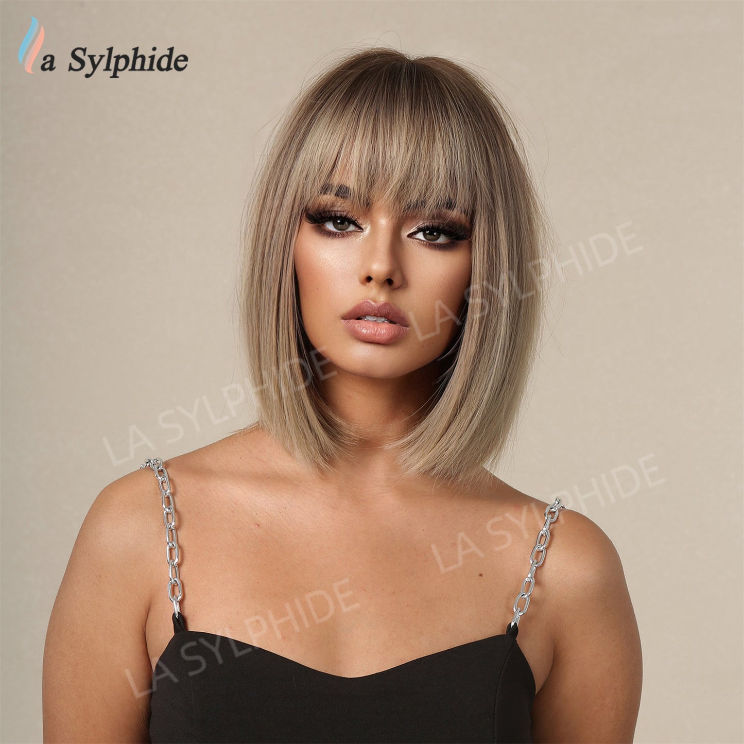 Brown Gradient Bangs Mid-length Mechanism Rose Wig Short Straight Hair