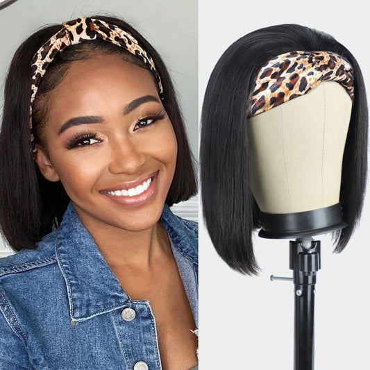 Women's Black Ice Ribbon Inner Buckle Head Wig Short Straight Hair