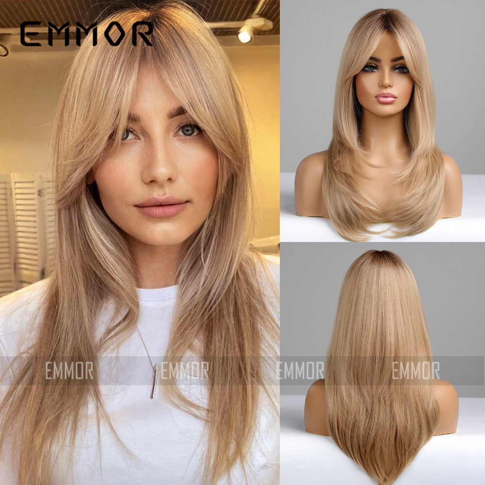 Women's Gradient Golden Hair Curling Fiber Chemical Wig Long Curls