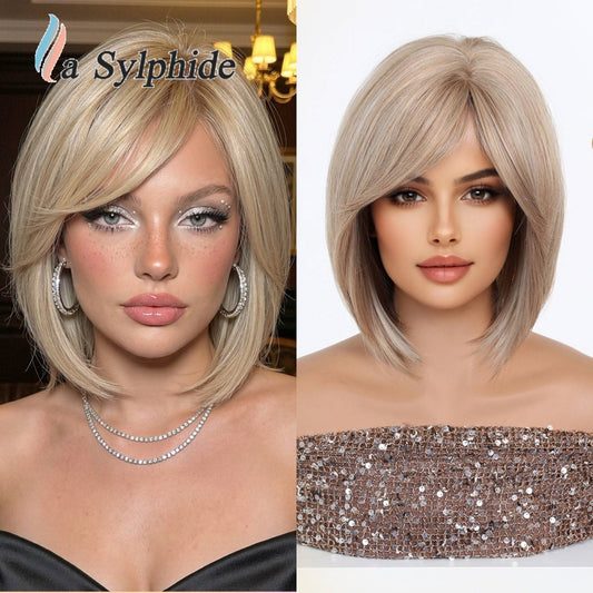 Dyed Brown Collarbone Straight Partial Bangs Breathable Rose Mesh Head Wig Short Curly Hair