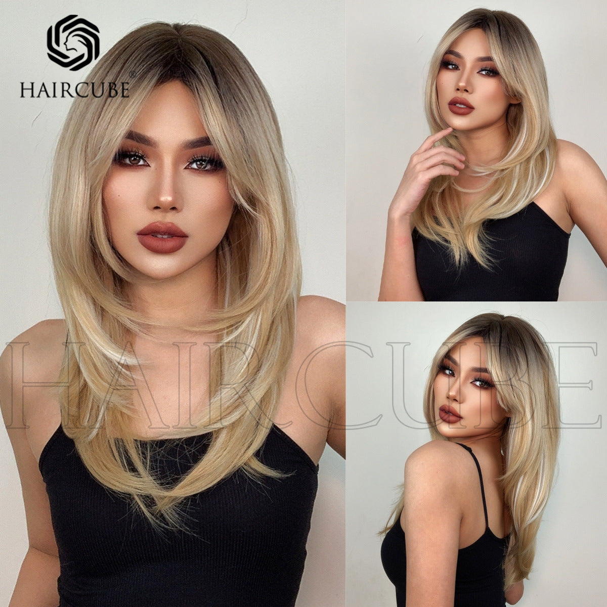 Women's Bangs High-level Gradient Golden Mechanism Long Straight Wig