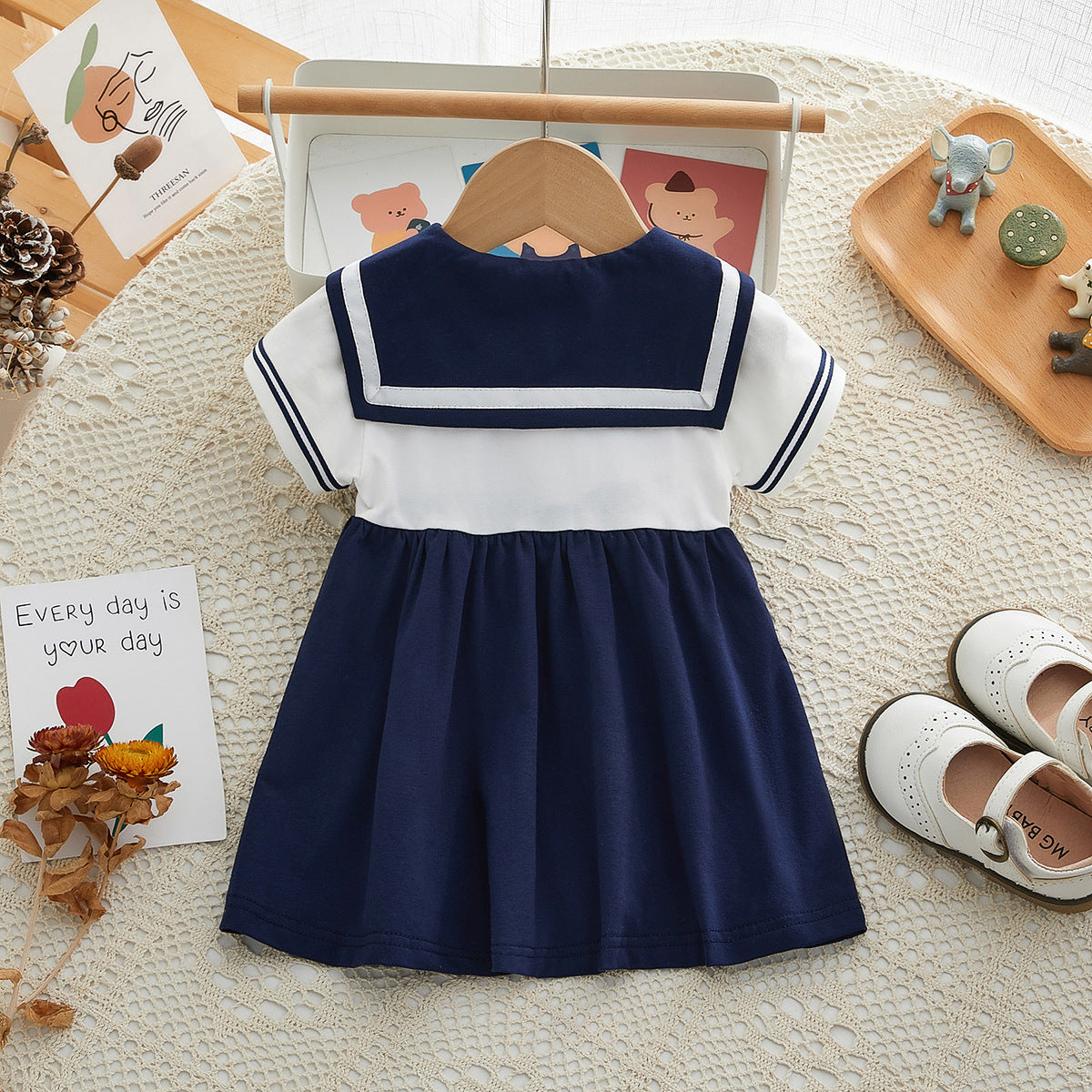 Children's Summer Navy Style Short Sleeve Fashion A- Line Children's Dress