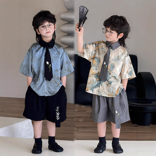 Children's Suit Short-sleeved Korean Style Loose Fashionable Beach Shorts Children's Shirt