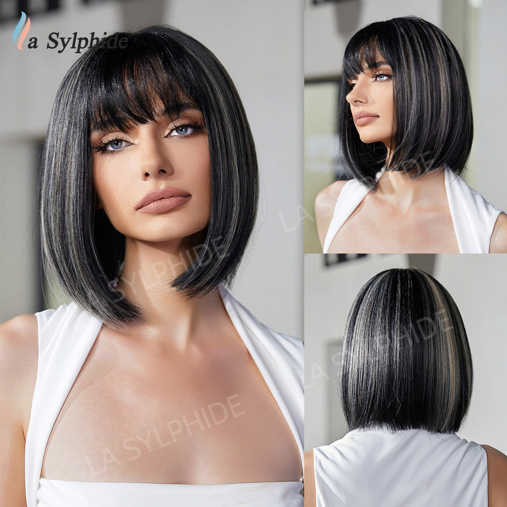 Women's Bangs Brown Gradient Sier Head Daily Wig Short Straight Hair