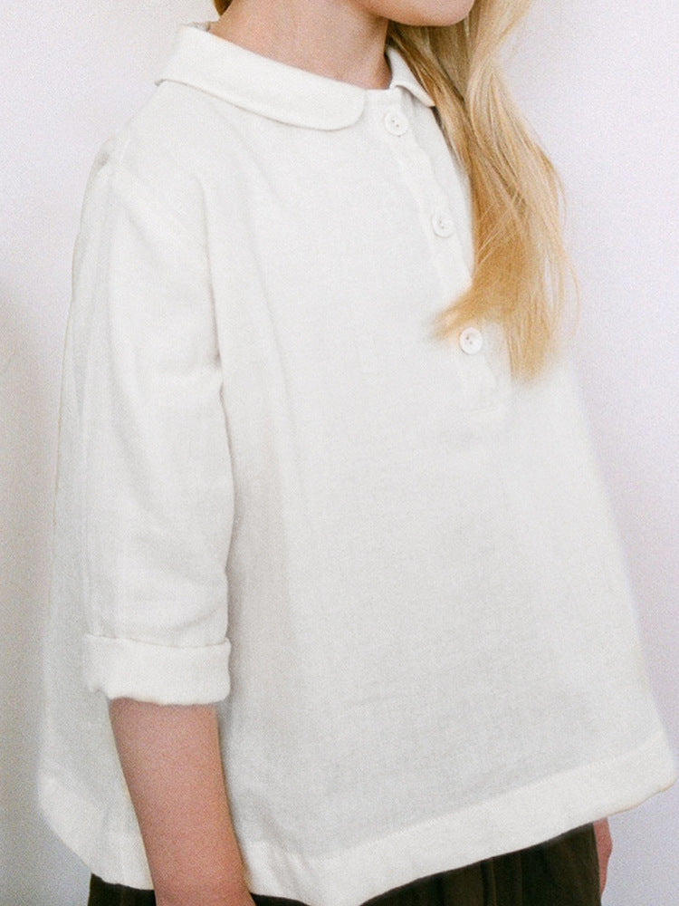 Linen Blue Long Sleeved Mori Style Peter Pan Collar Blouse Children's Shirt