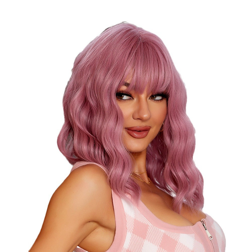 Head Style Bangs Pink Chemical Fiber Wig Short Curly Hair