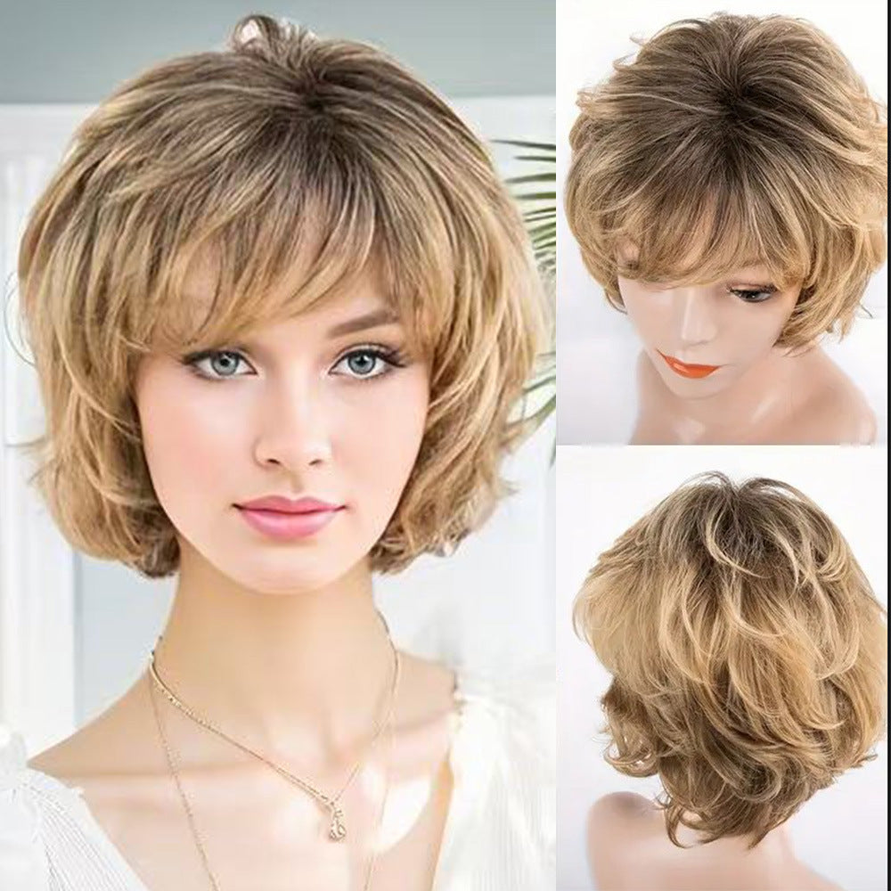 Women's Fluffy Golden Fashion Head Cover Wig Short Curly Hair