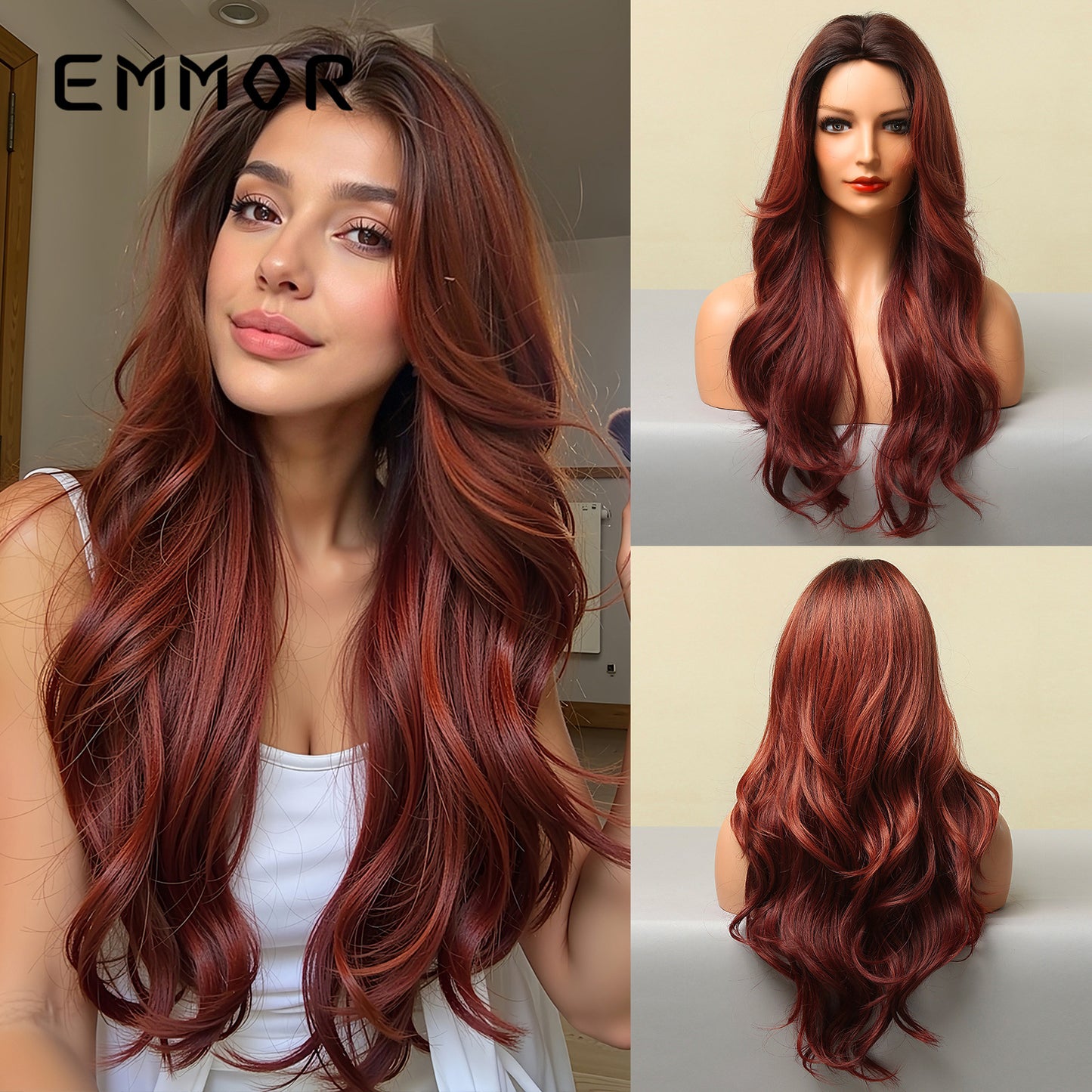 Medium Gradient Red Big Wave Curly Head Wig Long Curls