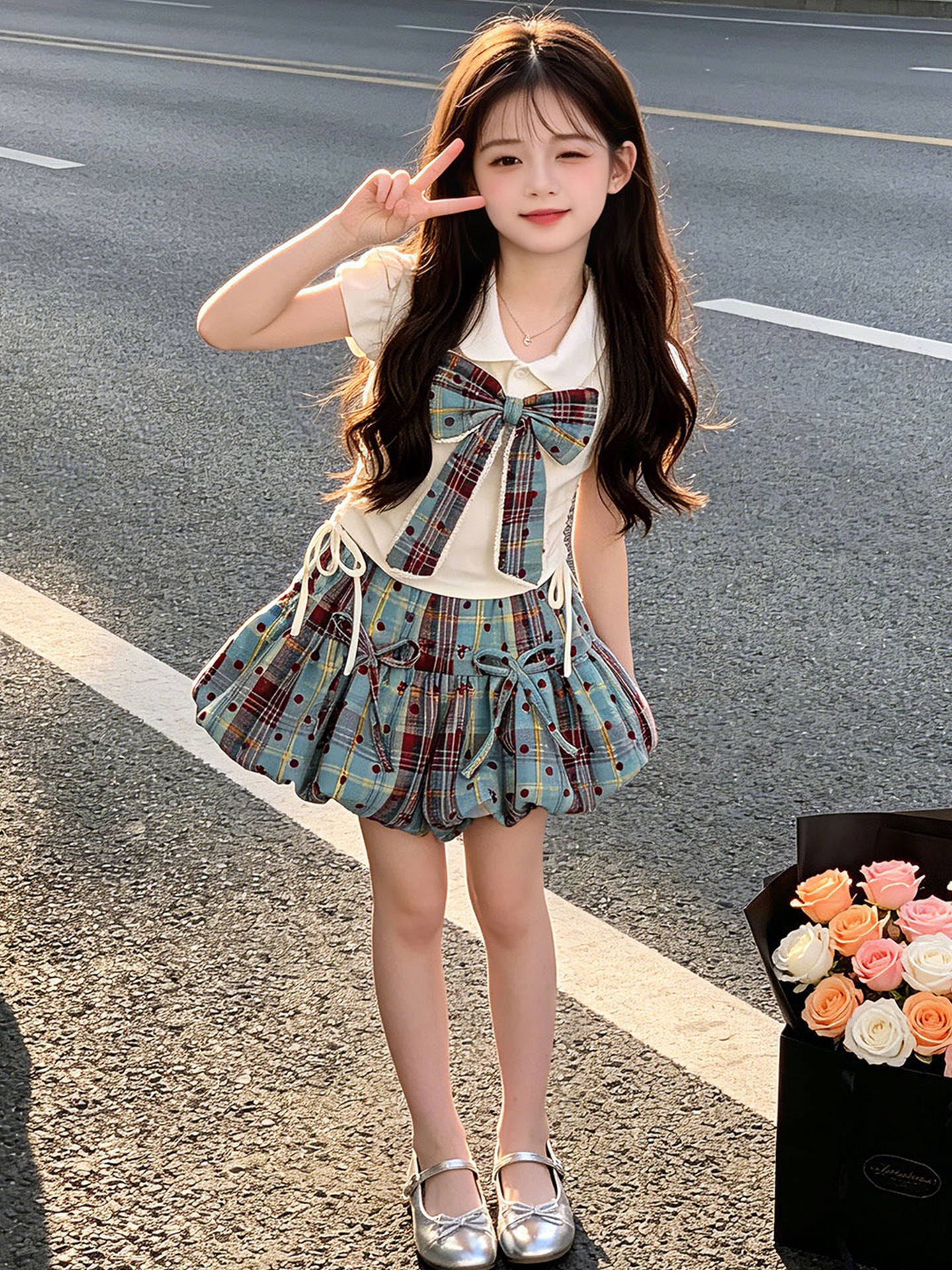 Children's Summer Bow Short-sleeved Skirt Clothing Thin Children's Suit